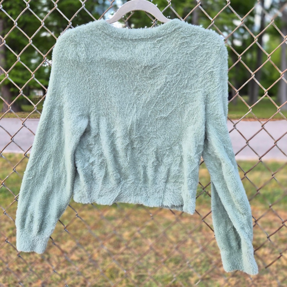 Aerie Sage Green Fuzzy Eyelash Knit Cropped Cardigan Sweater Womens Medium - Picture 6 of 6